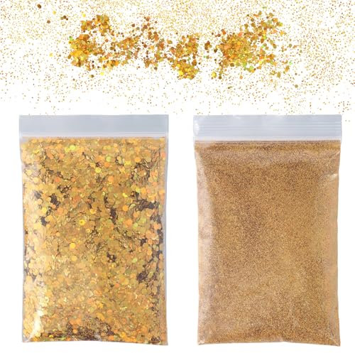 2 Pcs 100g Gold Glitter, Craft Glitter, Gold Glitter Fine, Ultra Fine Glitter Gold, 50g Fine, 50g Sequins, Powder Glitter for Decorating Nail Art, Makeup Crafts
