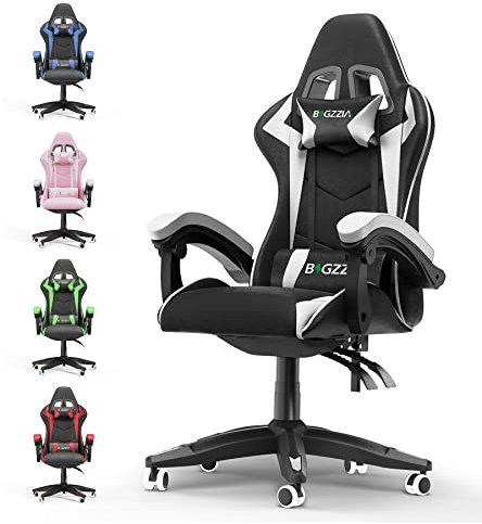 bigzzia Gaming Chair Ergonomic Computer Chair Reclining PU Leather High Back Video Game Chair with Headrest Adjustable Lumbar Support Linkage Armrest- White