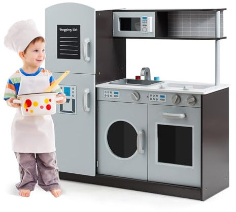 FANTASK Cuisine pour Enfant en Bois, Cuisine de Jeu avec évier et Robinet, cuisinière avec clic, Four et Micro-Ondes, Cuisine Jouet avec Tableau pour Enfants à partir de 3 Ans