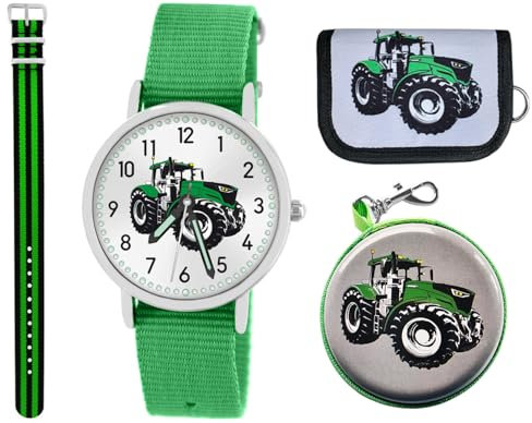 Brecjon Geschenkset 5tlg. Kinder Armbanduhr Jungen Traktor grün wasserdicht Sammelbox Geldbörse Analog Quarz 2tes Armband grün schwarz 7693