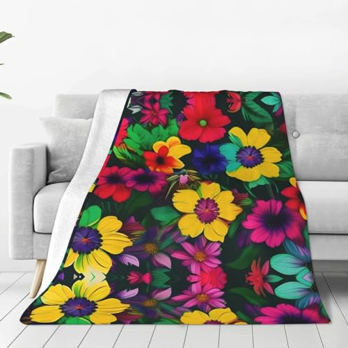 Ultraweiche Micro-Fleece-Decke mit Regenbogen-Blumenmuster, gemütlich und leicht