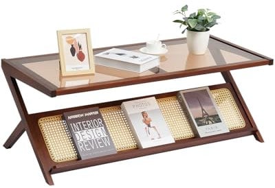 VEVOR Rattan Coffee Table, Z-Shaped Rattan Woven Bamboo Coffee Table with Tempered Glass Top, 47” Modern Boho Storage Coffee Table with Natural Bamboo Legs, for Living Room, Bedroom & Small Spaces