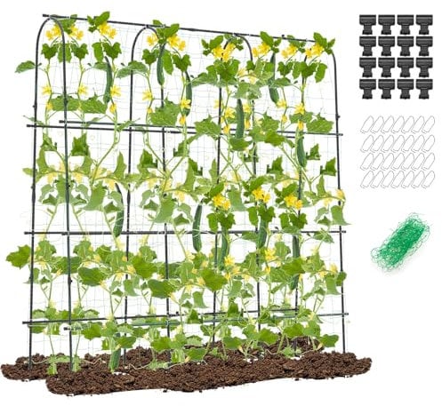 RELAX4LIFE Gurken Rankhilfe Set, U-förmiges Garten-Rankgitter für Kletterpflanzen, Pflanzenhalter Metall, Breite einstellbar, 180 cm hoch, mit Gartennetz&Clips, Pflanzenstütze für Blumen&Nutzpflanzen