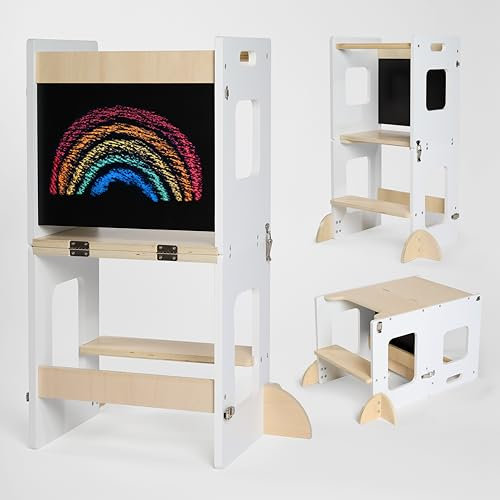 KYWAI® Torre Montessoriana Bambini – Torretta Montessoriana 3 in 1 con Lavagna e Gambe di Sicurezza – Scrivania Pieghevole – Legno Sostenibile – Design Educativo Robusto e Funzionale