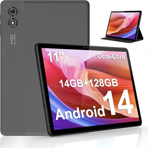 ascrecem Tablet 11 Zoll Android 14 Tablet Octa Core 14GB RAM 128GB ROM 1TB Erweiterun 8000mAh Widevine L1 2.4G+5G WiFi 6 Bluetooth 5.0 Dual Kamera 8MP+2MP Tablets PC mit Schutzhülle Grau