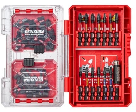 Geinxurn Coffret de 62 Embouts de Vissage en Acier S2 Magnétique, (TX-, TR-, PZ-, PH-, SL-, Hex-) Emoubut pour Tournevis Visseuse aux Chocs, Tige Hexagonale 1/4, et Porte-embouts avec Boîte de Rouge