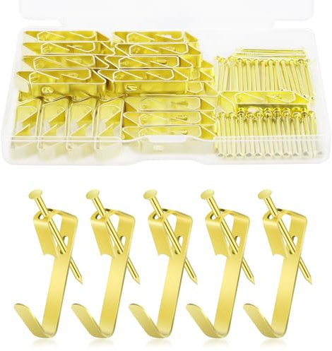 50 Piezas Perchas para cuadros con clavos, Soporta hasta 30 libras, Juego de Marco de Fotos Ganchos, para Colgar Fotos, lienzo, reloj, espejo, cuadros de oficina, oro
