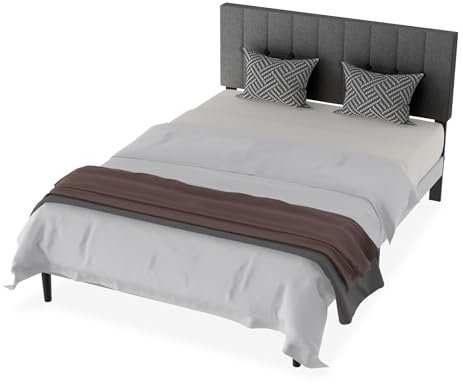 Suusolny Polsterbett Bettgestell mit Kopfteil aus Leinenstoff und Lattenrost Einzelbett Doppelbett Einfache Montage mit Installationstools Bettrahmen Bis 300KG Dunkelgrau-140 x 200 cm