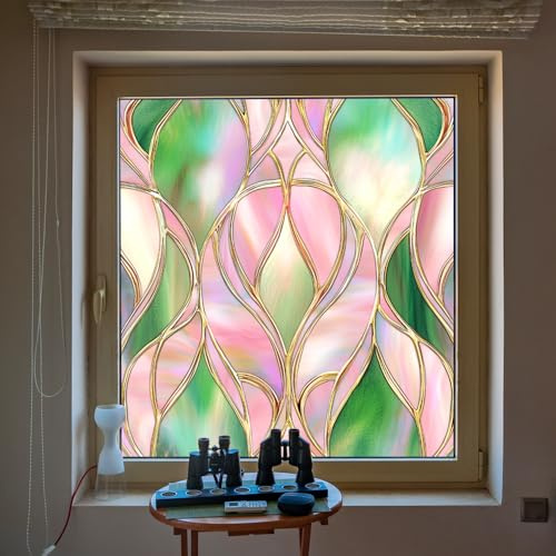 Alwayspon Nicht-klebende Buntglas-Regenbogen-Fensterfolie, Jugendstil entfernbare Vinyl statische Fenster-Sichtschutzfolie, Anti-UV-Wärmeschutz Glasfolie