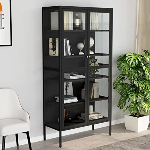 Gecheer Vitrine mit 4 höhenverstellbaren Regalfächern Highboard Hochschrank Standvitrine Glasvitrine Bücherschrank Anthrazit 90x40x180 cm Stahl und Gehärtetes Glas