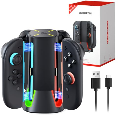 Ladestation Kompatibel mit Nintendo Switch 2, GEEKERA 4 in 1 Magnetisch Schnelllade für Joy Con 2 Controller mit RGB-Licht und USB Typ-C Kabel, Switch2 Zubehör für Gaming