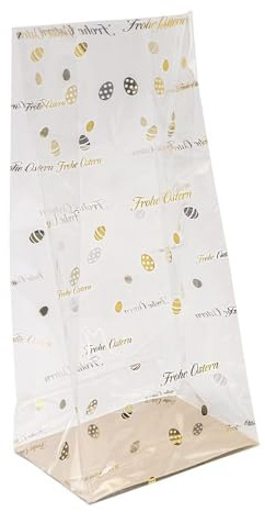Ideen mit Herz Blockbodenbeutel | Folien-Druck gold | elegante Geschenk-Verpackung | Keks-Tüte | lebensmittelecht | 12 cm x 8 cm, 25 cm | 30 Stück (Frohe Ostern)