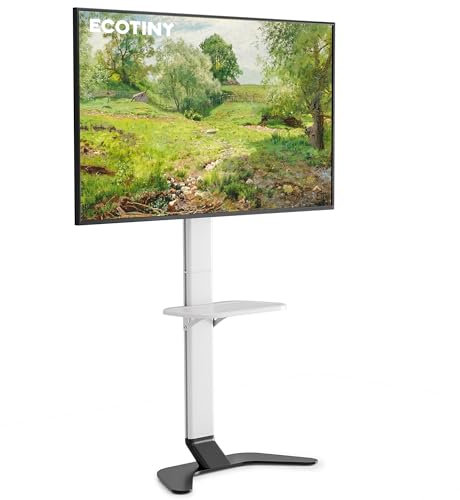 ECOTINY Ultra Slim TV Floor Stand for 37–86 Inch TVs, No Drill Modern Curved Base with Shelf, Adjustable Height & Tilt, Space-Saving Design with Cable Management, Max VESA 600x400mm, White