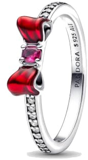Disney Snow White Bow Sterling Silver Ring with Fuchsia Rose Crystal, Clear Cubic Zirconia and Red Enamel