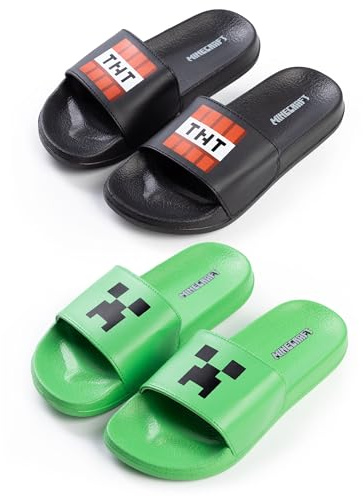 Minecraft Creeper & TNT Sliders in Green and Black | Boys' Casual Footwear | 2 Pack Sliders Featuring Creeper Face and TNT Game Element Merch
