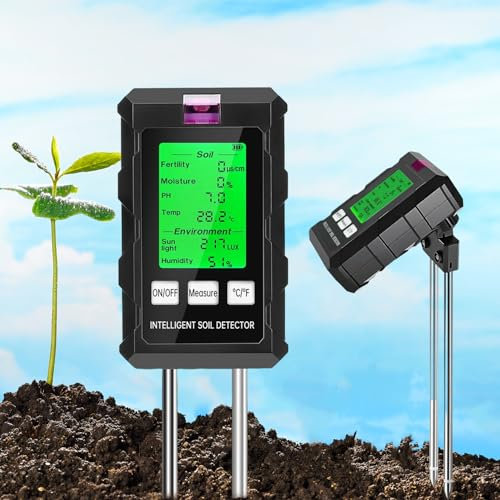 Medidor de Suelo 6 en 1 - Análisis de Fertilidad/Humedad/pH/Temperatura/Luz Solar/Humedad Ambiental, con Doble Sonda + Pantalla LCD Retroiluminada, para Plantas, Jardinería， Invernadero, Agricultura