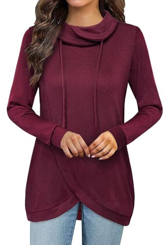 Amrto Damen Tunika Longpullover Turtleneck Langarm Shirts Bluse Casual Pullover Mit Taschen Lange Sweatshirt mit Asymetrischem Saum