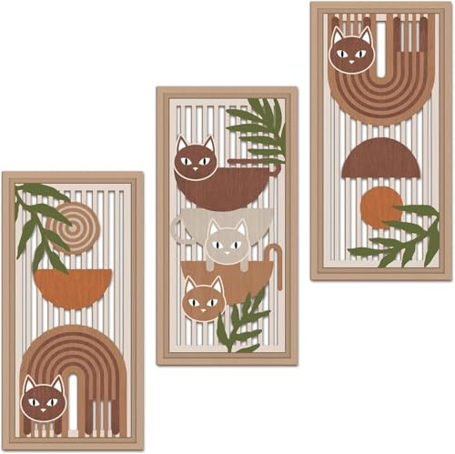ANHUIB 3Pcs Boho Cat Wood Wall Decor Hollow Wooden Boho Cat Abstract Wall Art Farmhouse Geometric Wooden Wall Hangings Mid Century Artwork Bohemian Minimalist Wall Sign for Living Room Bedroom 8x16