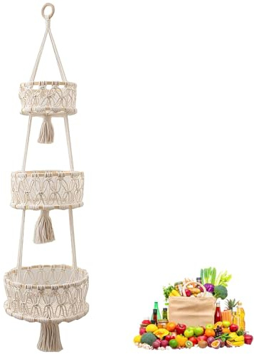Cesta de Frutas Colgante, Frutero 3 Pisos, Trenzada a Mano, Cesta Colgante Bohemia de Pared, para Almacenamiento de Frutas y Verduras, Ahorro de Espacio, 110 cm