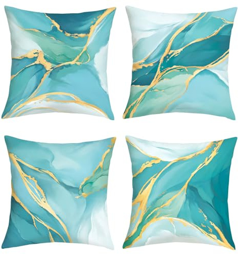 Joymaison Kissenbezüge 45x45 4er Set Marmor Türkis Modern Teal Abstrakt | Deko Kissenhülle Salbeigrün Gold Abstract Kunst Moderne Outdoor Dekorative Kissenbezug Kissen für Couch Sofa