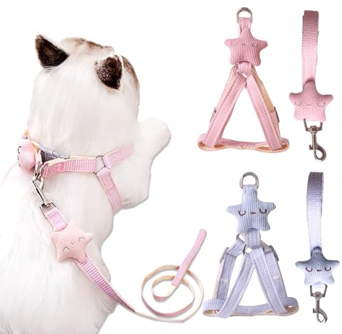 BSITSSS 2 Stück Katzengeschirr mit Leine Ausbruchsicher, Sterne Katzenleine mit Katzenleine, Rosa Blau Katzen Geschirr Set mit Leine für Katzen Kitten Hunde Welpen