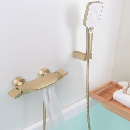 SHANFO Badewannenarmatur mit Handbrause, Wannenarmatur Wasserfall, Armatur Badewanne Set, Messing, Gold Gebürstet, 14Y4OK