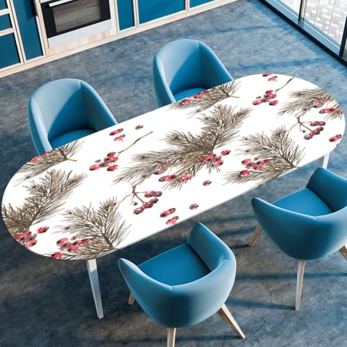 Highdi 3D Weihnachten Elastische Tischdecke Oval Abwaschbar, Spanntischdecke Oval Gartentischdecke Outdoor Tischdecke mit Gummizug für Esszimmer, Küche (Weihnachtsmotiv 9,107x173cm)