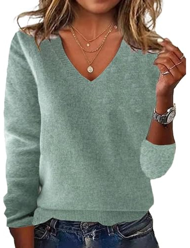 Pull confortable en cachemire pour femme, col en V, automne 2025, décontracté, classique, doux, basique, pull léger et chaud, vert clair, S