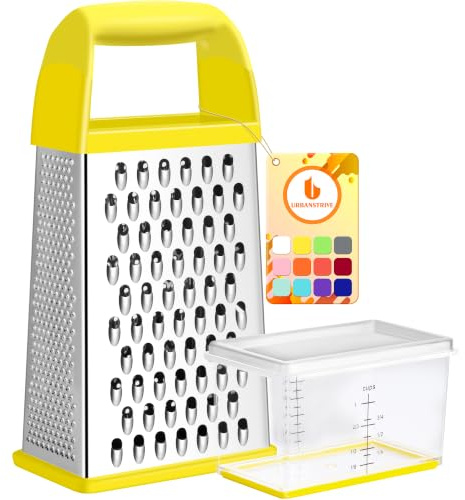 Urbanstrive Cheese Grater with Container, Professional Cheese Grater with Handle, Stainless Steel Graters for Kitchen Handheld, Box Grater with 4 Sides for Vegetables, Ginger, Potatoes (Yellow)