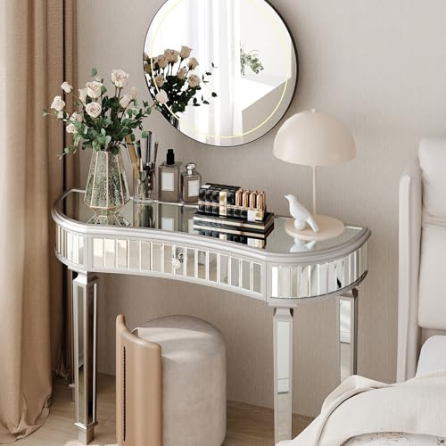 Lussuoso tavolo consolle 120 cm, a forma di mezzaluna con cassetto in vetro scanalato e bottoni in cristallo, moderno toeletta per camera da letto, spogliatoio, soggiorno (grigio + argento)