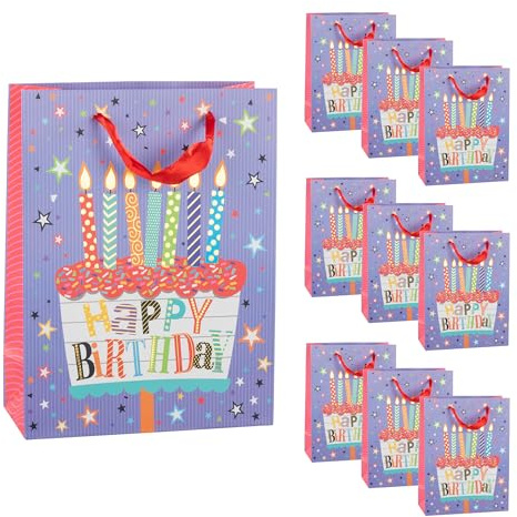 Idena 90545 - Geschenktüten Happy Birthday, 10 Stück, Geschenktaschen in der Größe 34,5 x 25 x 8,5 cm, Papiertüten mit Geburtstagstorten Motiv