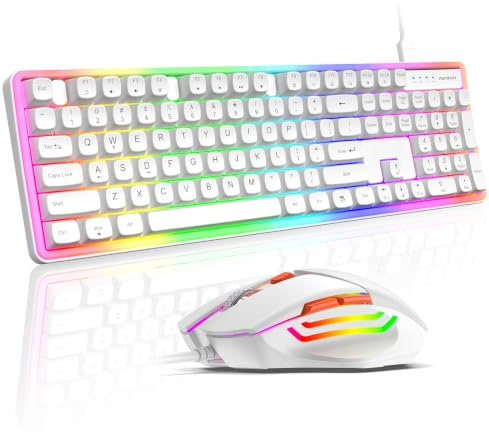 Wired Keyboard and Mouse Combo, Full Size USB Keyboard with RGB LED Edge Lighting, Quiet Membrane Keys, Adjustable 1000-6400 DPI Mouse, Plug and Play for PC and Laptop