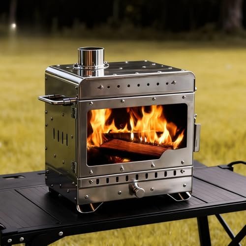 YSXXIAN Poêle à Bois Portable sans fumée, Chauffage de Tente Pliable en Acier Inoxydable avec fenêtre en Verre et Four à Cendres, Barbecue extérieur Cact pour Le Camping et la randonnée