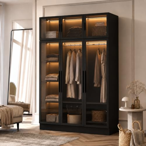 PREMTURE Kleiderschrank mit 6 Türen aus gehärtetem Glas mit 5 Lichtleisten, Kleiderschrank mit Kleiderbügeln und Einlegeböden für Schlafzimmer, Ankleidezimmer Schwarz, 120 x 48 x 190 cm, MDF