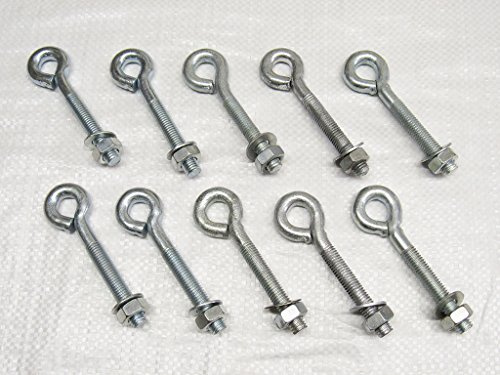 x10 M8 X 100MM Zinc Plated Folded Straining Eyebolts Nut & Washer - Wire Support Fencing Straining