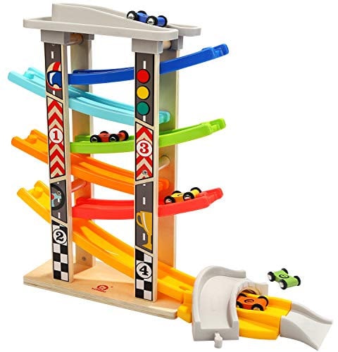 TOP BRIGHT Wooden Car Ramp Toys for 1 2 year Old Boy Gifts, Click Clack Racing Track Includes Parking Lot, Car Garage with 6 Mini Cars