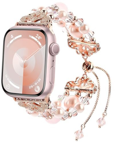 fohuas Compatible con Apple Watch de 42 mm y 44 mm, correa ajustable de perlas de cristal para iWatch para mujer, correa elástica de repuesto para iWatch Series 5, 4, 3, 2, 1 Sport, Edition, Nike+,