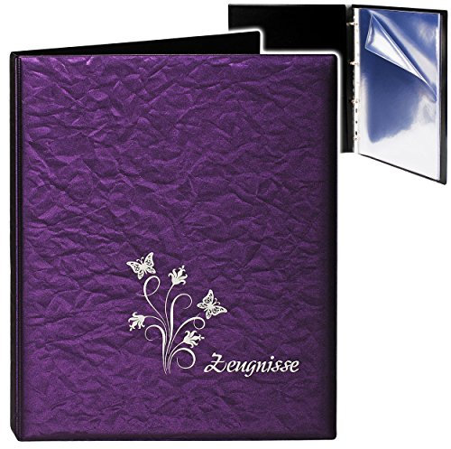 alles-meine.de GmbH A4 - Ringbuch/Zeugnisringbuch - Zeugnisse Schmetterlinge & Blumen - 3D Metallic Effekt - lila/violett - Erweiterbar für Einsteckseiten + Einlage..