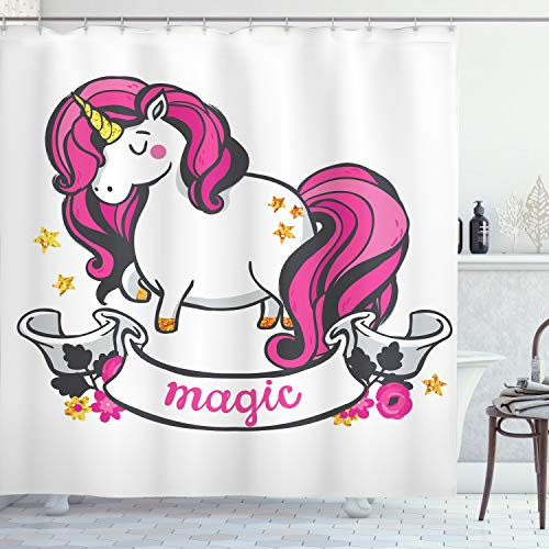ABAKUHAUS Kids Duschvorhang, Einhorn mit rosa Haaren, Stoffliches Gewebe Badezimmerdekorationsset mit Haken, 175 x 220 cm, Weiß Rosa