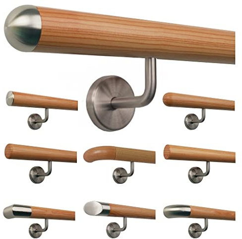 Lärche Holz Treppe Handlauf Geländer Griff gewinkelte Edelstahlhalter, Länge 30-500 cm aus einem Stück/Variante:370 cm mit 5 Halter - Enden:Halbrunde Edelstahlkappe