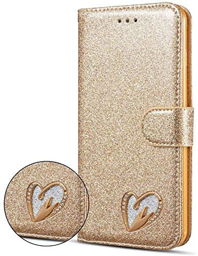 DN-TECHNOLOGY iPhone 7 Plus / 8 Plus Case, Glitter 3D Heart Diamond Bling Wallet Flip Cover for iPhone 7 Plus / 8 Plus (GOLD)