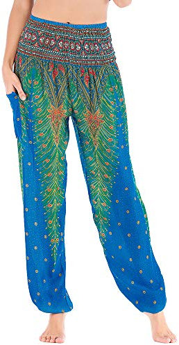 Nuofengkudu Damen Haremshosen High Waist Hippie Muster Pumphosen mit Taschen Leicht Weite Luftige Stoffhose Yogahose Sommerhose Strandhose Urlaub Loungewear(Einheitsgröße,X-Hu Blau Pfau)