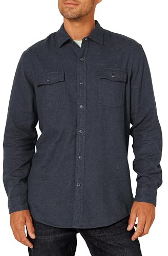 Amazon Essentials Camisa de Franela con Corte Recto, Dos Bolsillos y Manga Larga Hombre, Tejano Oscuro, M