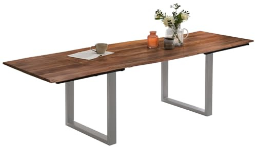 SAM Esstisch Adina 220(320) x100 cm Akazie nussbaum Baumkante U Silber | Baumkantentisch massiv, Akazienholz nussbaumfarben, ausziehbar, 26 mm Tischplatte, mit 2 Ansteckplatten, Metallgestell
