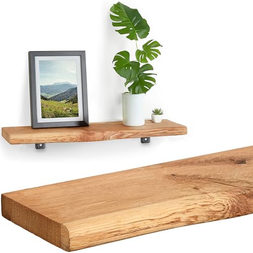 Villanord® Wandregal Eiche (60cm) | Massiv-Holz mit Baumkante | Rustikal mit Baumkante | Wandboard Regalbrett