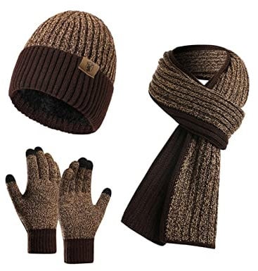 INSISMY Mütze Schal und Touchscreen Handschuhe Set Wintermütze Thermohandschuhe Schal für Herren Strickmütze 3 STÜCKE Unisex Hüte für Damen Winter Accessoires für Herren Damen