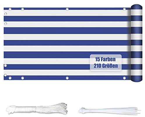 KUZRZNH Balkonabdeckung, 75x600CM Balkonumspannung Balkonabdeckung mit Ösen, Wasserdicht Blickdichte Wind- und UV-Schutz Balkonverkleidung für Terrasse & Zaun, Blau und weiß