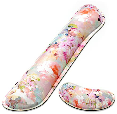 Dapesuom Enlarge Keyboard Wrist Rest Pad,Memory Foam Set Wrist Cushion Support for Easy Typing & Pain Relief,Mouse Wrist Pad, Anti-Slip Wrist Support for Gaming Computer Laptop Office, Peonies Floral