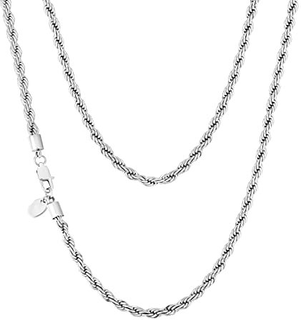 KRKC&CO 4mm massive Kordelkette Rope Kette Edelstahl, Weißgold beschichtet Zopfkette, breite Silberkette für Herren Damen, Unisex Rope Chain Seilkette, Geburtstag Weihnachten Geschenk, Länge 50,8cm