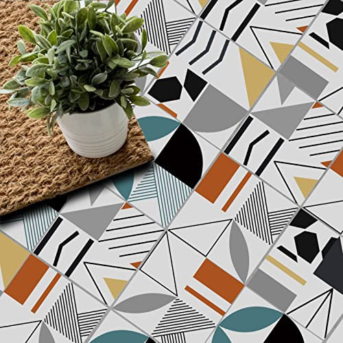 Tile Stickers White Orange Teal Stick on Tiles PVC Self Adhesive Wall Tiles Durable Peel and Stick Floor Tiles Stick on Wall Tiles Water Proof Tile Stickers for Bathroom Kitchen 15x15cm/10 Pcs